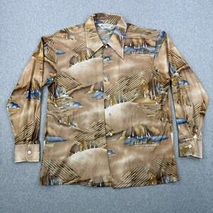 Vintage Kmart‎ Shirt Mens XL Brown Trailhead Print 60s Button Up Long Sleeve